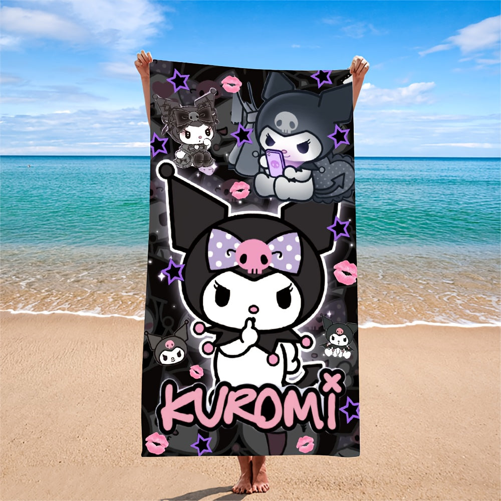 1pc Kuromi Microfiber Beach Towel - Quick-Dry, Absorbent, Oversized Bath Towel with Fun Cartoon Design, Black Background with Pink Accents, Perfect for Beach, Pool, or Spa Days
