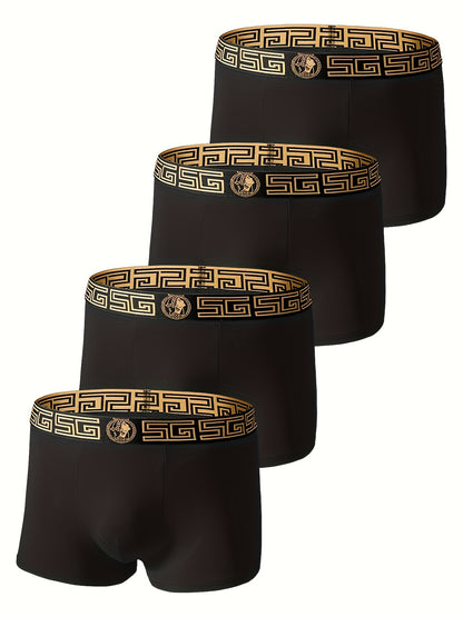 4pcs Black and Golden Boxer Briefs - Soft, Breathable Viscose, Comfortable Daily Wear for Men, Slim Fit with Elasticity, Solid Color Design, Casual Underwear|Boxer Briefs|Boxers as a Gift