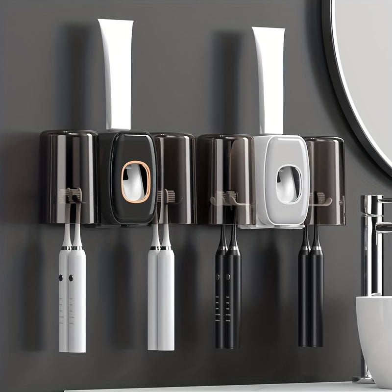 1pc Automatic Toothpaste Dispenser & Brush Holder, Toothbrush Holders With Automatic Toothpaste Squeezer Device For Bathrooms, Toothbrush Organizer With Cup, Wall Mounted Shower Room Decor Set