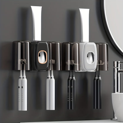 1pc Automatic Toothpaste Dispenser & Brush Holder, Toothbrush Holders With Automatic Toothpaste Squeezer Device For Bathrooms, Toothbrush Organizer With Cup, Wall Mounted Shower Room Decor Set