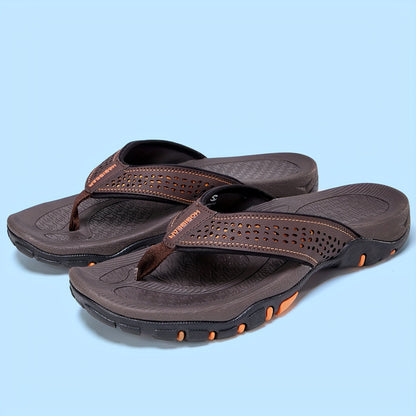 Men's Breathable Slip-On Sandals - Comfortable Non-Slip Beach Slippers with TPR Sole & EVA Cushion, Textured Traction Design, Durable PU Upper, Brown/Orange Accents - Extended Sizes Available, Summer Footwear | Stylish Comfor