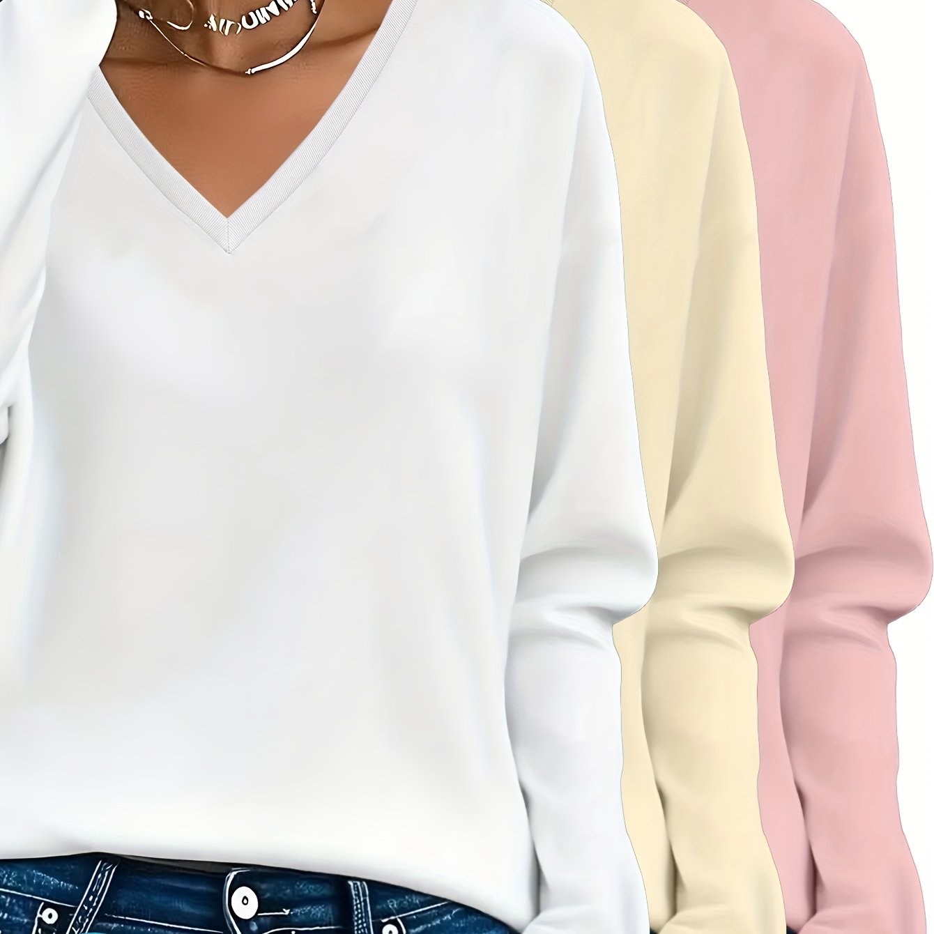 3pcs Women'S 100% V-Neck Long Sleeve T-Shirts - Soft, Durable, and Comfortable Casual Wear for All Seasons, Perfect for Holidays, Graduations, and Everyday Style, Everyday Comfort Wear | Minimalist Style | Soft Fabric Tee
