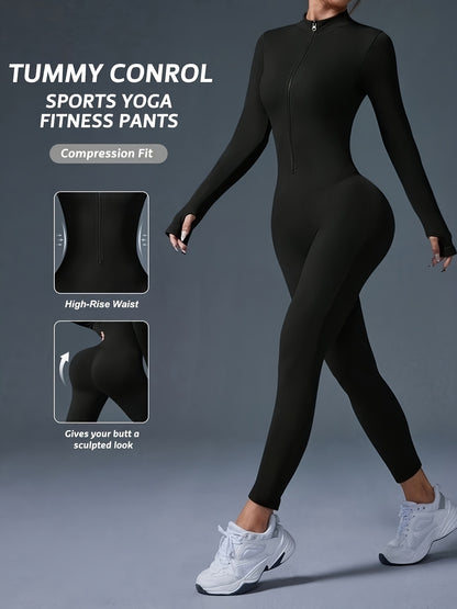 Women's Full-Length Zipper Jumpsuit - Full-Body Compression-like Fit (Tummy Control) - High-Elasticity Slim-Fit Long Sleeve Athleisure Suit for,, Dance - All-Season Outfit ( swear) - Easy-Care (No Bulk) -