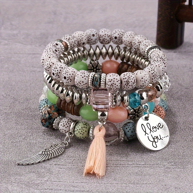4pcs Bohemian Ethnic Style Winged Tassel Beaded Bracelets, Women's Fashion Jewelry, Versatile for Casual Attire and Perfect Holiday Gift for Girlfriend or Wife!
