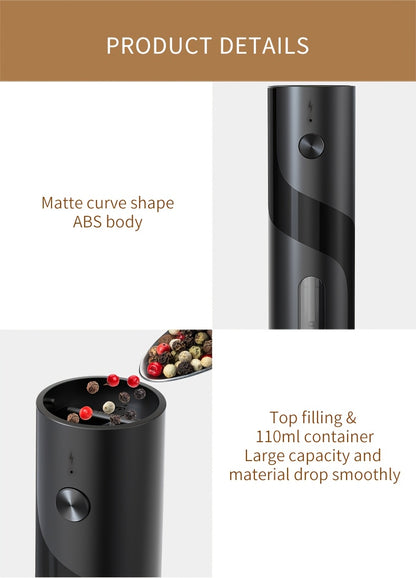 Two-piece portable electric pepper and salt grinder set, with base, USB charging, one-handed operation, adjustable coarseness, 300mAh battery capacity, interchangeable design, essential kitchen helper for cooking, perfect too