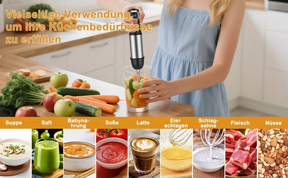 Liquidificador de Imersão Portátil 6 em 1 - Liquidificador em Aço Inoxidável com 5 Velocidades, Processador, Batedor e Espumador de Leite para Carnes, Puré de Batata e Papinhas de Bebé
