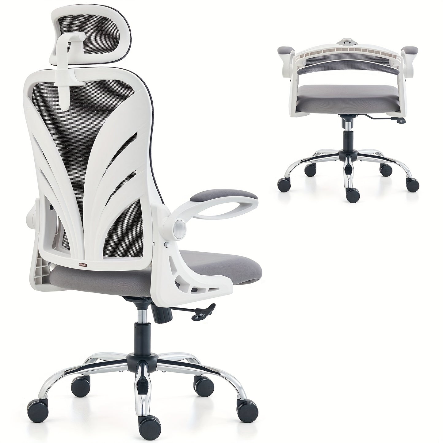 Ergonomic Office Chair with Foldable Space-Saving Design, Breathable Mesh Back & Adjustable Lumbar Support, Flip-Up Armrests, Height-Adjustable - Heavy-Duty Plastic Frame, Foam Padding, White/Black Color Options - Ideal for H