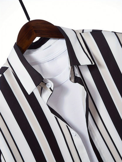 2pcs Men's Stripe Pattern Color Block Short Sleeve Button Shirt & Loose Shorts, Men's Casual Outfit For Summer Vacation