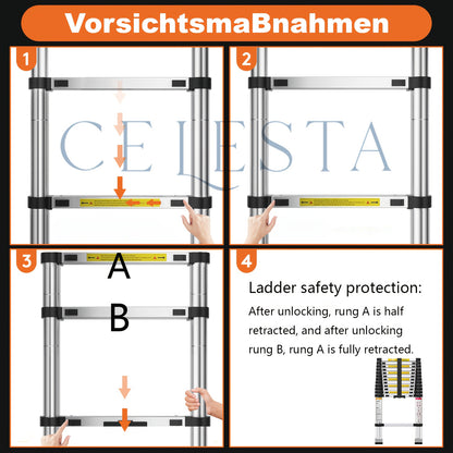 150kg Stainless Steel Ladder, 5m 4.4m 3.8m 3.2m 2.6m Telescopic Folding Ladder, Portable Safety Ladder, Suitable for Renovation And Maintenance, Garden Pruning, Orchard Picking, Warehouse Stocking, Ladder for Home, A Shape Ad
