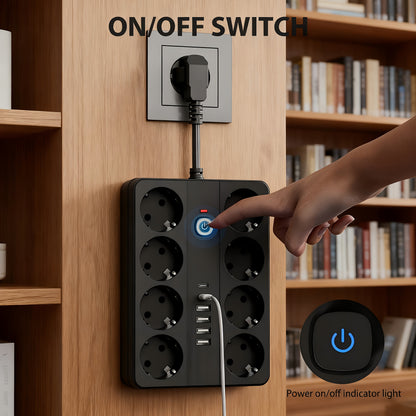 1pc 14-in-1 Surge Protector Power Strip with USB Chargers, 4 USB-A Ports & 2 USB-C Ports, 8 AC Outlets, Compact Desktop Charger Wall Mount, European Standard Plug, 220-240V, Ideal for Office, School, and Dormitory Use, Office