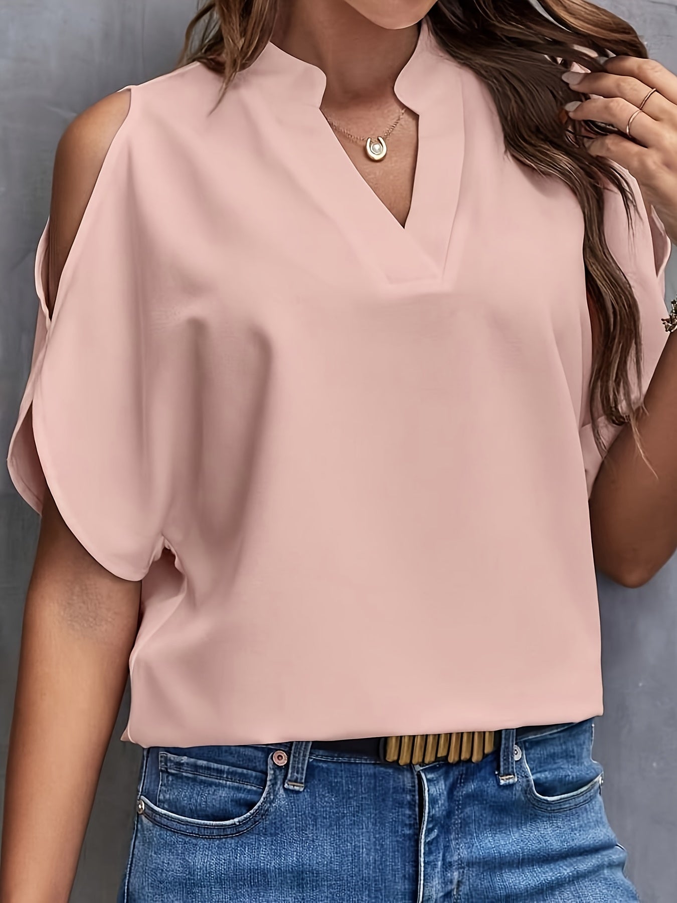 Solid Notched Neck Simple Blouse, Elegant Split Sleeve Blouse For Spring & Summer, Women's Clothing