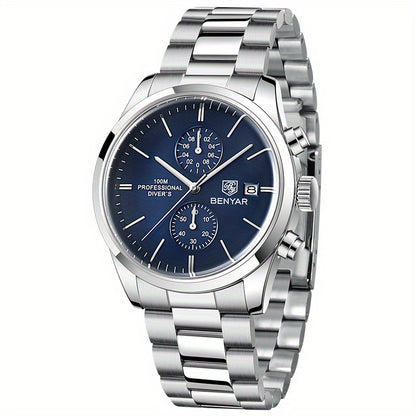 1pc New BENYAR Men's PU Leather Quartz Wristwatch, Men's 100M Multifunctional Watch Military Sports Chronograph Watch For Men