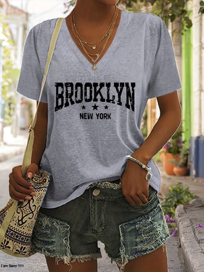 Women's Casual V-Neck T-Shirt with Brooklyn New York Letter Print - Vibrant Pink & Black Graphic, Short Sleeve Regular Fit, Machine Washable for Spring Summer Fall, Ladies T Shirts, Casual Attire, Durable Fabric
