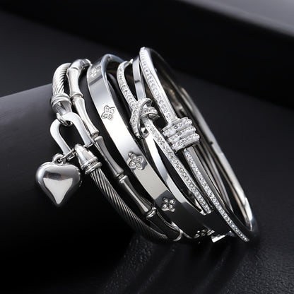 5pcs Classic Stainless Steel Cuff Bracelets, Waterproof and Rust-Resistant Silvery Women'S Light Luxury Rhinestone Bracelets, Suitable for Layering and Combination Matching, Unique Jewelry Accessories Gift