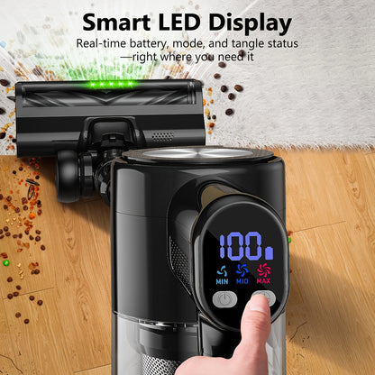Aspirador sem fios, leve e potente, com autonomia de 60 minutos, autossustentável, com base de carregamento, luz verde melhorada e escova anti-emaranhamento para pavimentos, ideal para pelos de animais, carpetes e pavimentos.