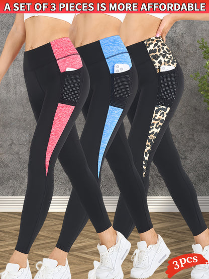 3-Pack Women's Yoga Pants Non-See-Through High-Waisted Workout Leggings - Sweat Absorbent Quick-Dry Yoga Pants with Side Pocket, Stretchy Gym Running Pilates Pants for Women (Black/Gray/Pink Accents - Affordable 3-Pack Deal),