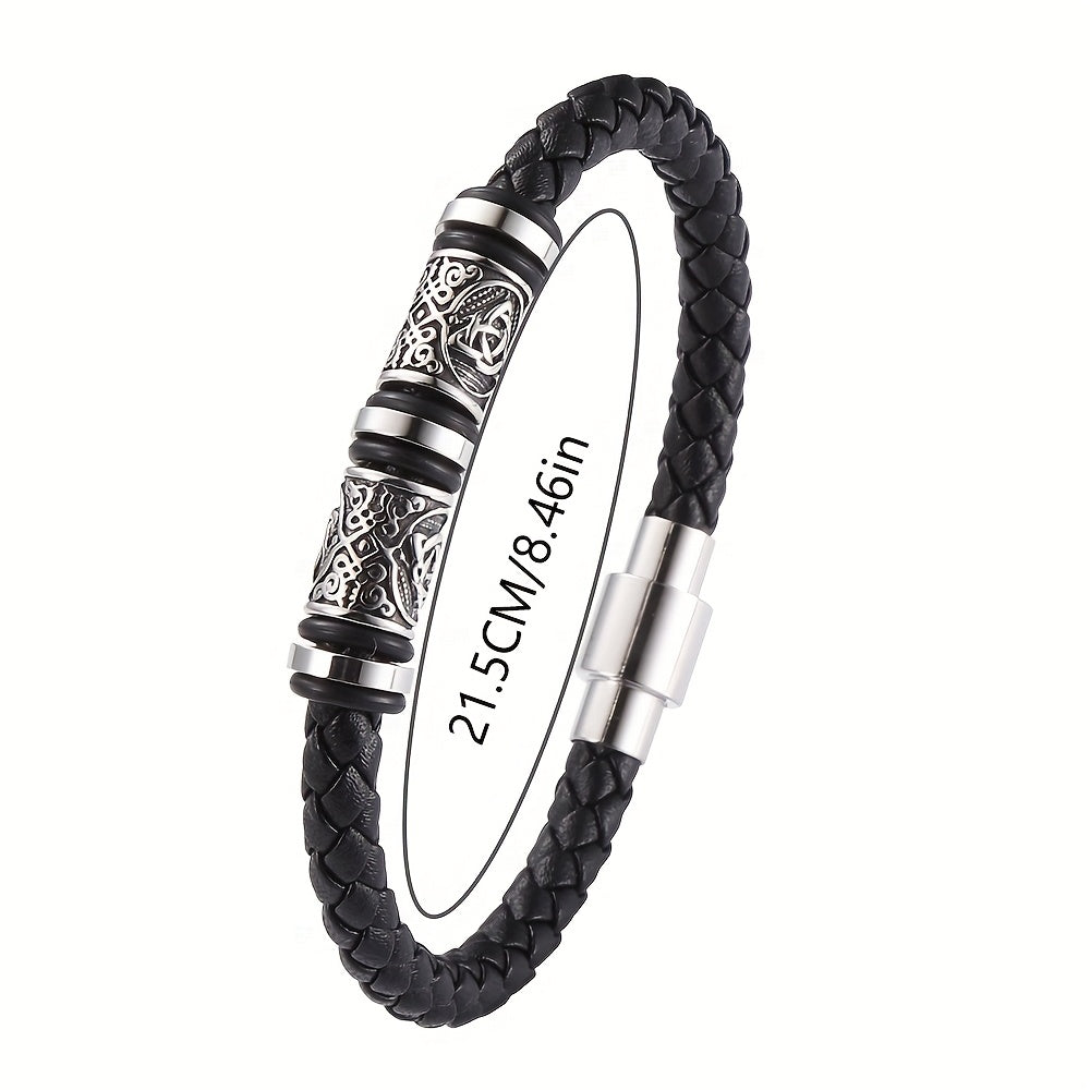 Men's Leather Bracelet, Handwoven Faux Leather Wristband - 21cm Elegant Multi-Layer Adjustable Strap, Durable Daily & Party Accessory Gift for Him