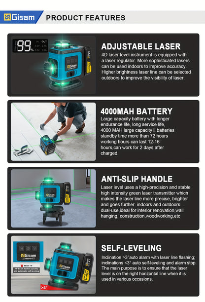 Gisam Multifunctional 16 Lines 4D Green Laser Level with Tripod & App Control, 360° Self-Leveling Horizontal & Vertical Cross Lines, USB & Battery Powered, Includes Carrying Case, Super-Powerful Beam, Portable Design for Ind