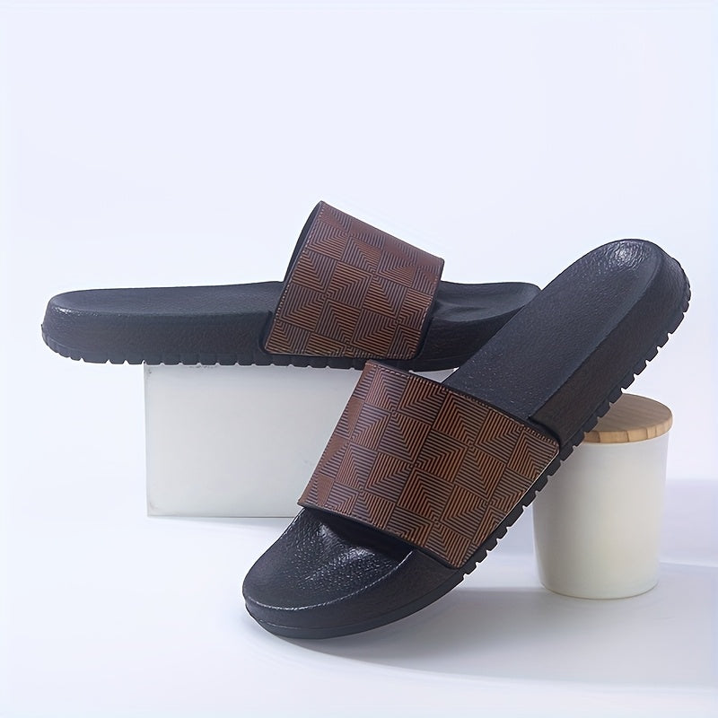 Sandálias de verão tipo slide para homem - Chinelos casuais antiderrapantes com sola macia e estampado geométrico, preto e cinzento, confortáveis ​​para uso interior e exterior.