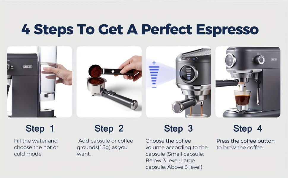 CAFELFFE Cold/Hot Semi-Automatic Espresso Machine, Stainless Steel Multi-Function Latte & Cappuccino Maker with Built-in Milk Frother/Steam Wand, Upgraded 7-Level Water Volume Control, Compatible with Ground Coffee & ESE Pods