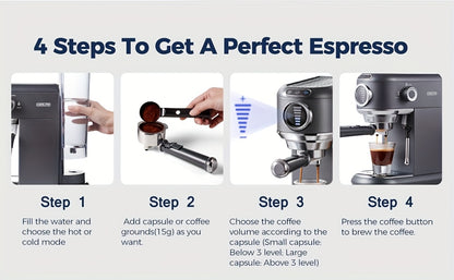 CAFELFFE Cold/Hot Semi-Automatic Espresso Machine, Stainless Steel Multi-Function Latte & Cappuccino Maker with Built-in Milk Frother/Steam Wand, Upgraded 7-Level Water Volume Control, Compatible with Ground Coffee & ESE Pods