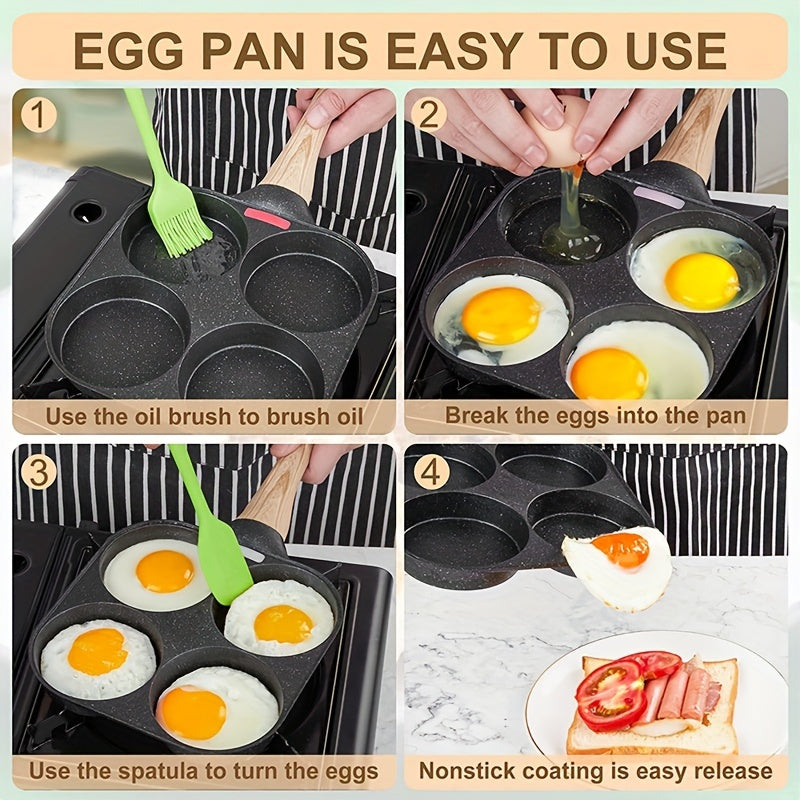 4-Hole Non-Stick Frying Pan with Wooden Handle - Maifanstone Coating, Induction Compatible, Durable Cookware for Eggs, Pancakes, and More, Modern Kitchen Cookware | Ideal Gift For Holidays, Christmas, Halloween, Frying Pan Fo