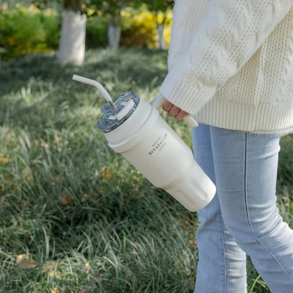 Copo térmico portátil de 1,4 litros (47,3 oz) com pega e tampa com palhinha, garrafa de água portátil de grande capacidade, copo de aço inoxidável para automóvel, ideal para desportos ao ar livre, viagens e campismo. Presente de Natal.