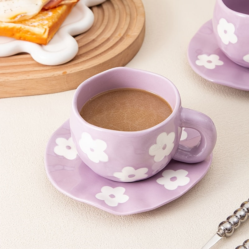 1set YumiPLUS Handmade Floral Ceramic Mug and Saucer Set, Purple Irregular Flower Design, 220ml/7.4oz, Reusable, Insulated, Machine Washable, Multipurpose Coffee Cup for Tea, Milk, Gift for Her