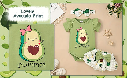 Conjunto de Roupa Infantil para Bebé Menina com Estampado de Abacate: Macacão, Calções e Fita para o Cabelo - 3 Peças - Ideal para o Verão e Atividades ao Ar Livre