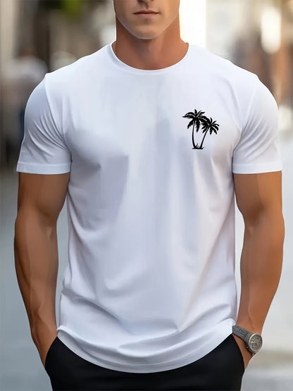 Sketch Style Palm Tree Pattern Top Casual Mid Stretch Short Sleeve Crew Neck Graphic T-shirt, Men's Tee For Summer Outdoor
