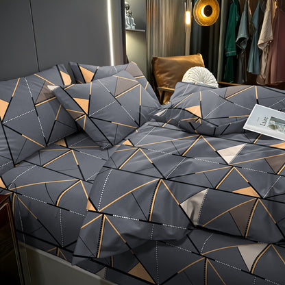 3pcs Set, Golden Striped Triangle Print Duvet Cover Bedding Kit, Soft and Comfortable Breathable, Suitable for Bedroom Guest Room School Dorm Decor 1 * Duvet Cover + 2 *, Pillowcases, Duvet Cover Set