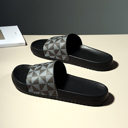 Sandálias de verão tipo slide para homem - Chinelos casuais antiderrapantes com sola macia e estampado geométrico, preto e cinzento, confortáveis ​​para uso interior e exterior.