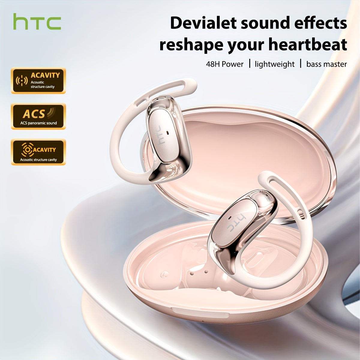 HTC NE35 AI Translation Earbuds Real-time Translation Headphones OWS Open-Ear Wireless Headphones, Latest BT V6.0, Noise Reduction Clear Call, 6.5 Hours Music Long Battery Life, Big speaker Big Volume