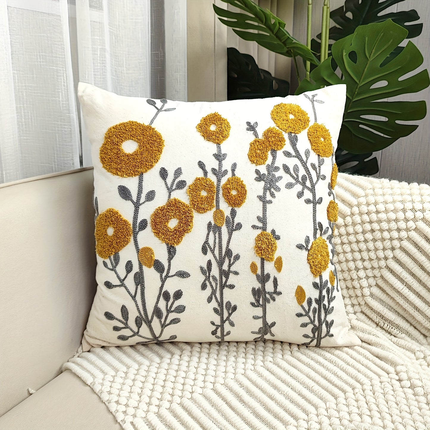 1pc Boho Floral Cushion Cover - Navy Blue & Golden Floral Pattern, Zipper Closure, Farmhouse Decor Pillow Case for Living Room, Bedroom, Sofa - No Insert Needed, Home Decoration Accent, Bedroom Accessory, Rustic Charm, Detail