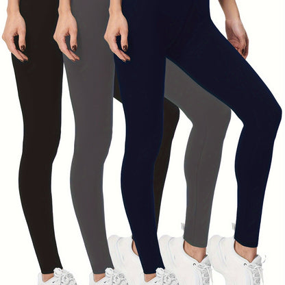 3-Pack High-Elasticity Slim-Fit 9/10 Length Pants - Solid Color Tight Waist All-Season Trousers, Machine Washable & Dry Cleanable, Casual to Dressy Wear (Compatible with Skirts/Blouses) - Bulk Pack for Cost Savings & Easy War