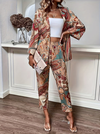 Conjunto Boho Paisley com Calça, Blusa de Manga Comprida com Botões Frontais e Calças Retas - Roupa Mulher