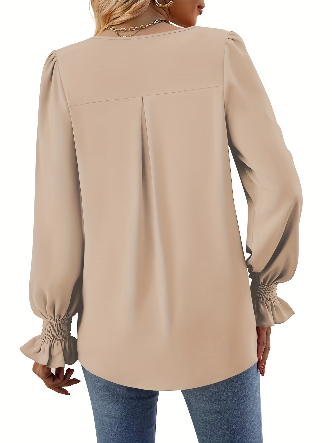 Solid V Neck Simple Blouse, Elegant Long Sleeve Ruched Blouse, Women's Clothing