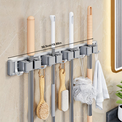 Bathroom Storage Rack Metal Mop & Broom Holder with Adjustable Hooks, Wall-Mounted Storage Organizer for Home, Kitchen, Garden, Laundry, Garage - Lacquered, Space-Saving Shelf for Mops, Brooms, Tools, Shelves
