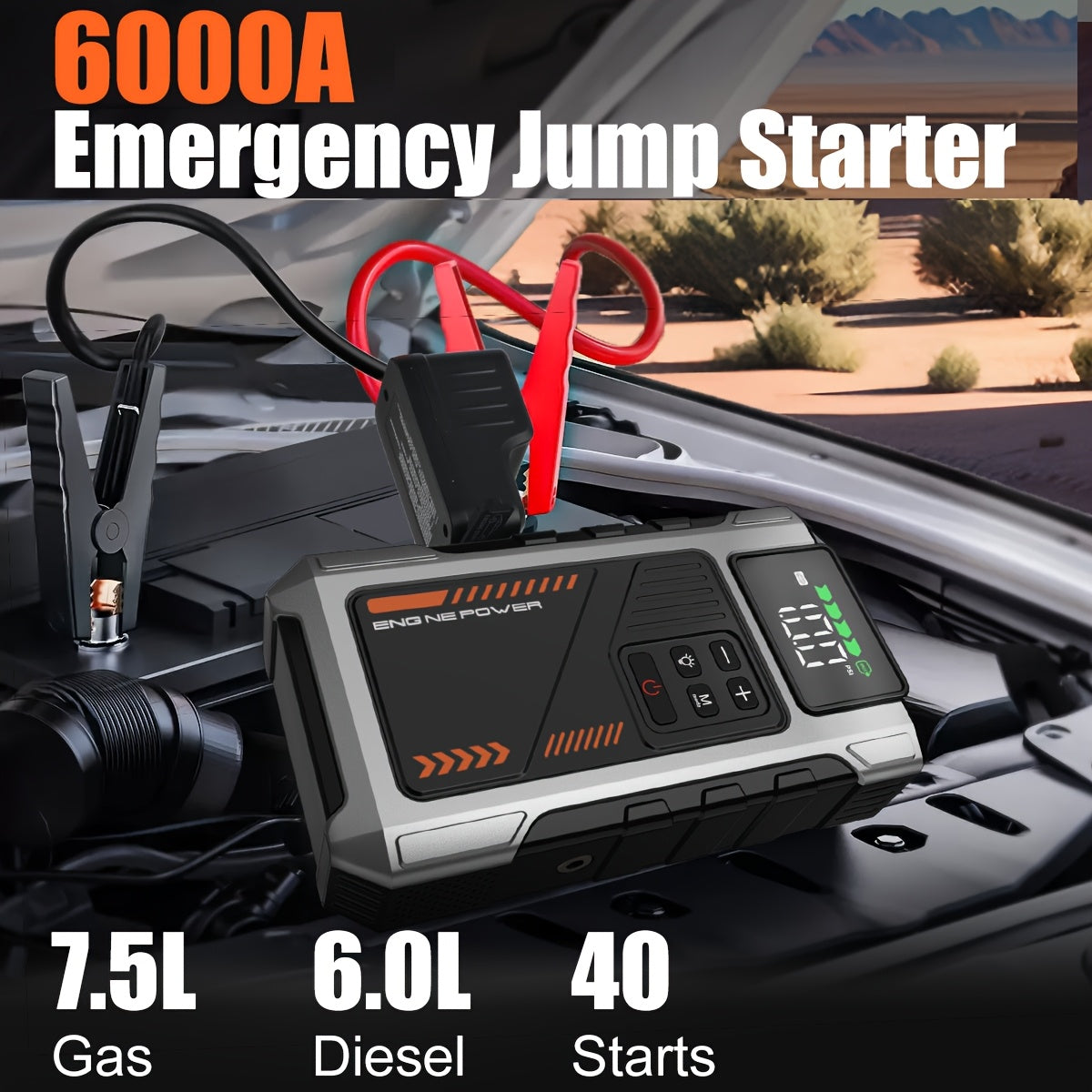 12000mAh Jump Starter Power Pack, 6000A Car Battery Booster 12V Jump Starter with 150PSI Tire Inflator Portable Air Compressor, with LCD Display, Jump Starter Power Bank (7.5L Gas/6L Diesel), LED Light, Vehicle Maintenance To