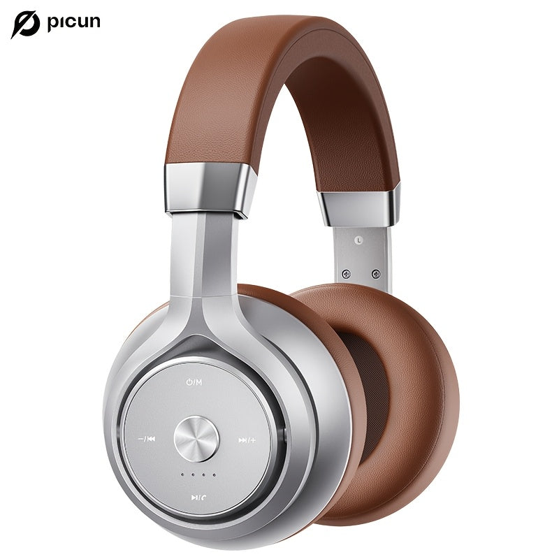 Picun Wireless Over-Ear Headphones, HiFi Stereo, Deep Bass, Foldable Design, 30-Hour Battery, Built-in Mic. Lightweight Brown Leatherette Finish, Perfect for Gaming, PC, and On-the-Go Use.