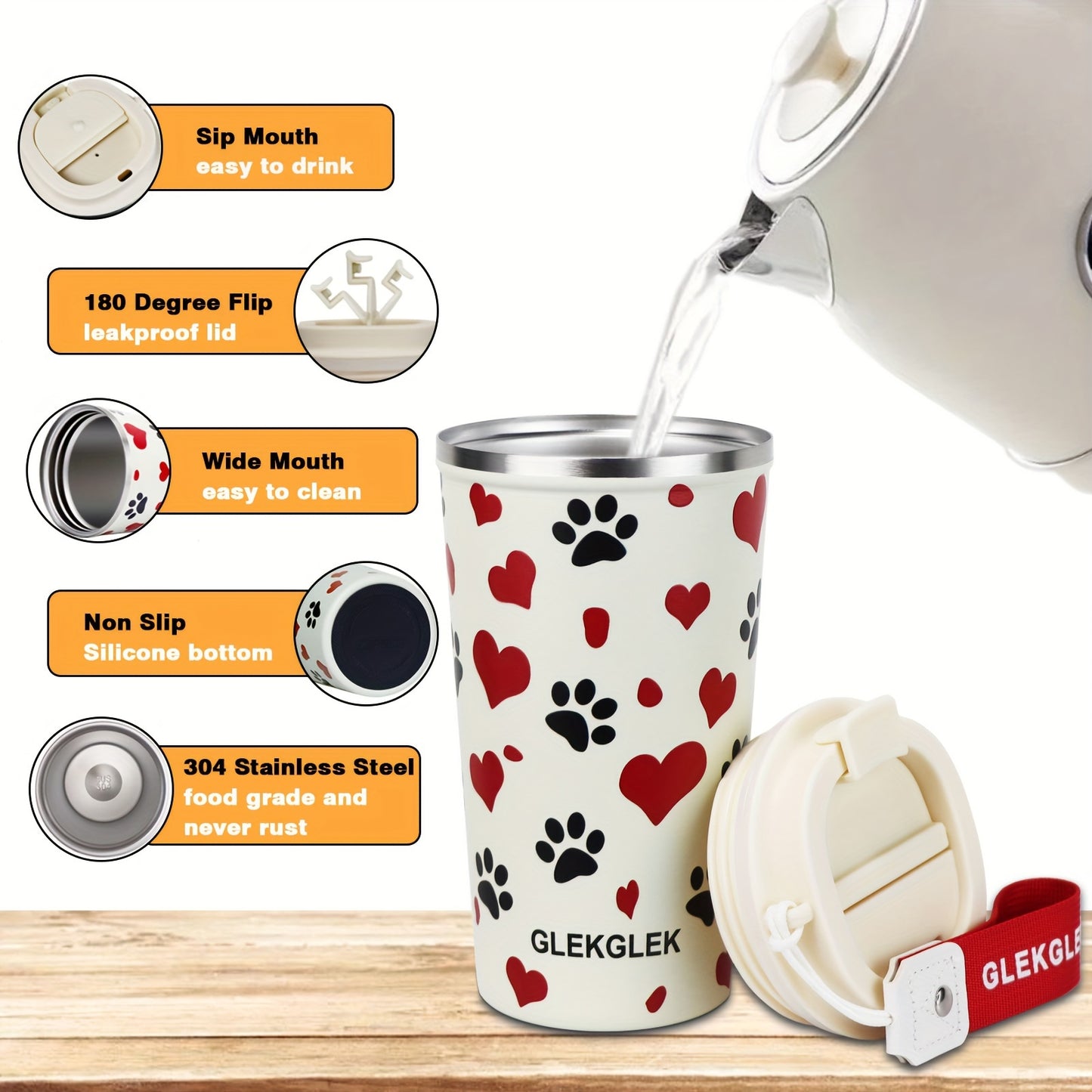 Glekglek 510ml Insulated Travel Mug with Paw Print & Heart Design - Double Wall, Spill Prevention, Dishwasher Safe, Portable Coffee Cup for Valentine'S Day, Thanksgiving, Christmas, Father'S Day, Teachers' Day, Festive Drinkw