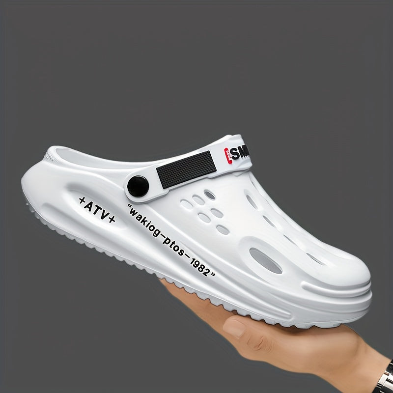 Tamancos modernos para homem com sola grossa em EVA e estampado de alfabeto - Modelo slip-on, respiráveis, ideais para jardinagem, com tira amarela segura e palmilha estampada com a inscrição "SMN WALKING PROS" para maior conforto ao ar livre.