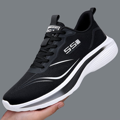 Men's Lightweight Breathable Mesh Running Shoes with EVA Cushioned Sole - Low-Top Casual Sneakers for All-Season Comfort, White & Black, Sleek Sporty Design | Durable Sportswear