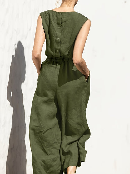 2025 New Women's Olive Green -Linen Sleeveless Casual Dress with Button Front - Round Neck Machine-Washable Summer Dress for Spring/Summer Outfits