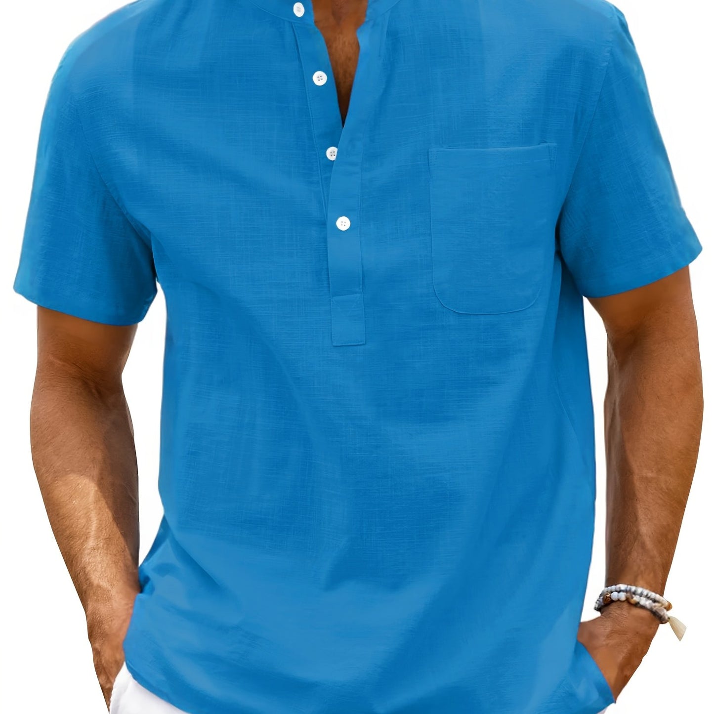 Men's Shirt Top, Solid Band Collar Short Sleeve Closure Summer Male Casual Henley Shirt For Daily Business Formal Shirts For Men