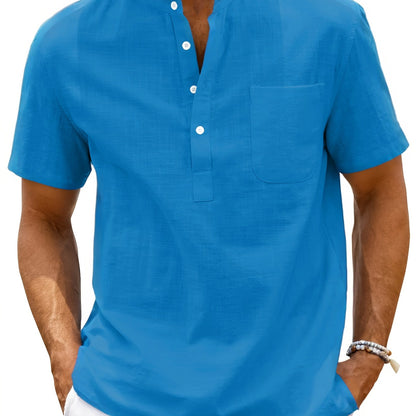 Men's Shirt Top, Solid Band Collar Short Sleeve Closure Summer Male Casual Henley Shirt For Daily Business Formal Shirts For Men