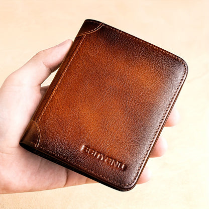BANYANU Men'S Genuine Leather Short Wallet - Brown, Casual Style, Three-Fold Design, Multiple Card Slots, Anti-Theft Protection, Durable & Stylish for Everyday Use, Secure Card Holder | Casual Wallet | Genuine Leather Wallet