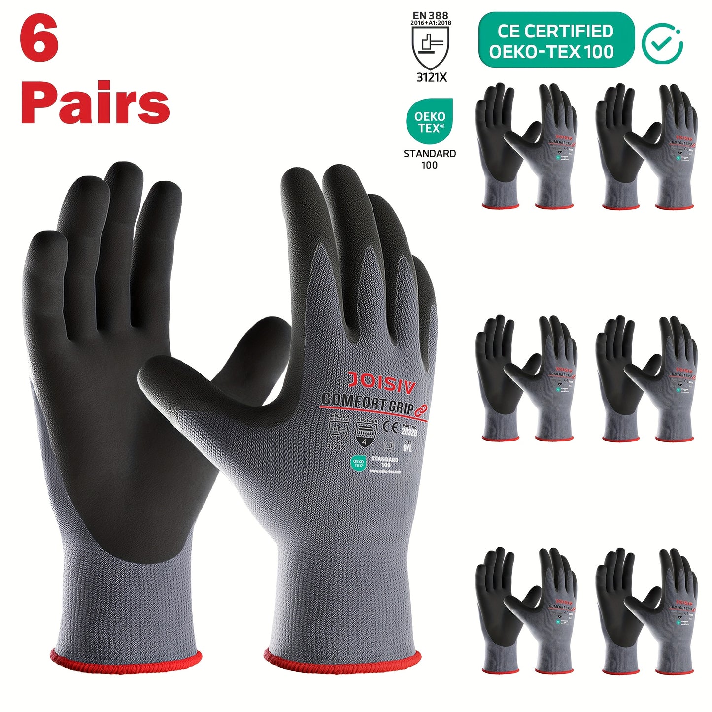 JOISIV 3/6 Pairs Nitrile Work Gloves - MicroFoam Coated, Non-Slip Grip, Breathable Safety Gloves for Gardening, Mechanic, Warehouse & DIY Tasks