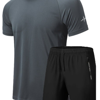 Men's 2Pcs Outfit, Solid Workout Short Sleeve T-shirt & Drawstring Shorts For Basketball Football Exercise Training Running Gym