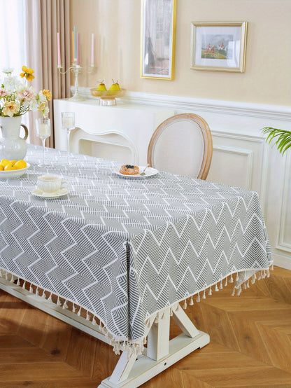1pc, Bohemian Geometric Wave Pattern Tablecloth - European Style Cotton and Linen Rectangular Tablecloth for Farmhouse, Restaurant, Picnic, Camping, Birthday Party Decoration and Home Decor